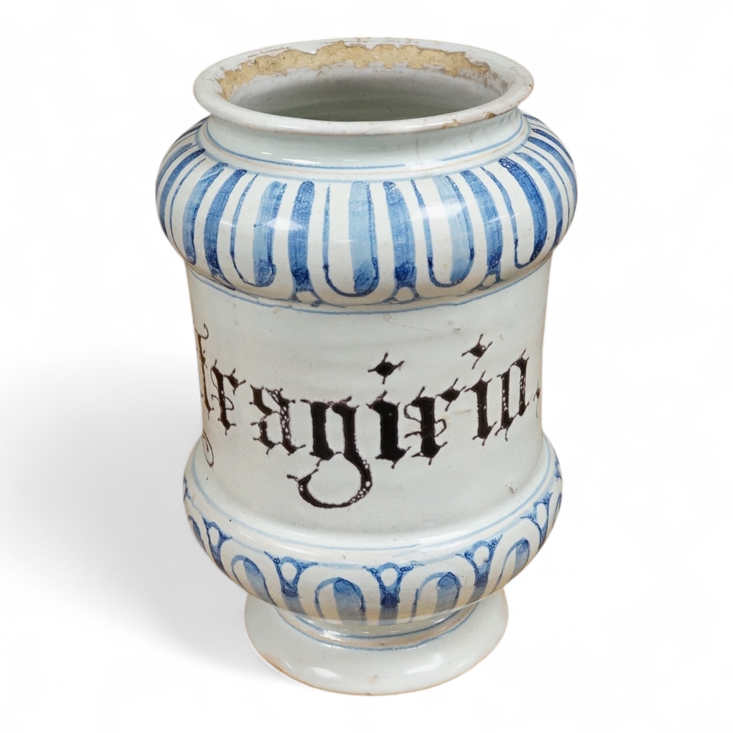 An 18th century Savona maiolica Albarello, inscribed in Manganese; ‘V. litragirio’ (lead oxide), 19cm high
